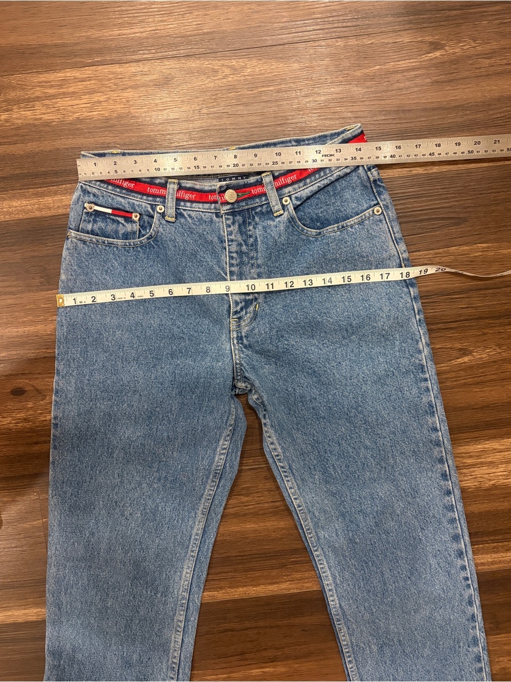 Tommy Hilfiger women’s Straight Blue Denim Jeans with Red Waistband Accent - Picture 12 of 14